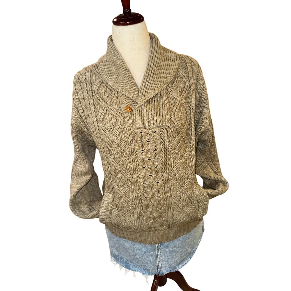 Vintage Thane Cable‎ Knit Sweater Shawl Collar Pockets Acrylic Women’s L